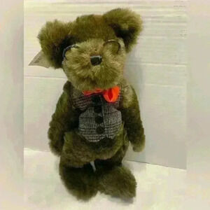 Vintage Hallmark Teddie Bear Beanie Plush Stuffed Animal Metal Glasses vest bow